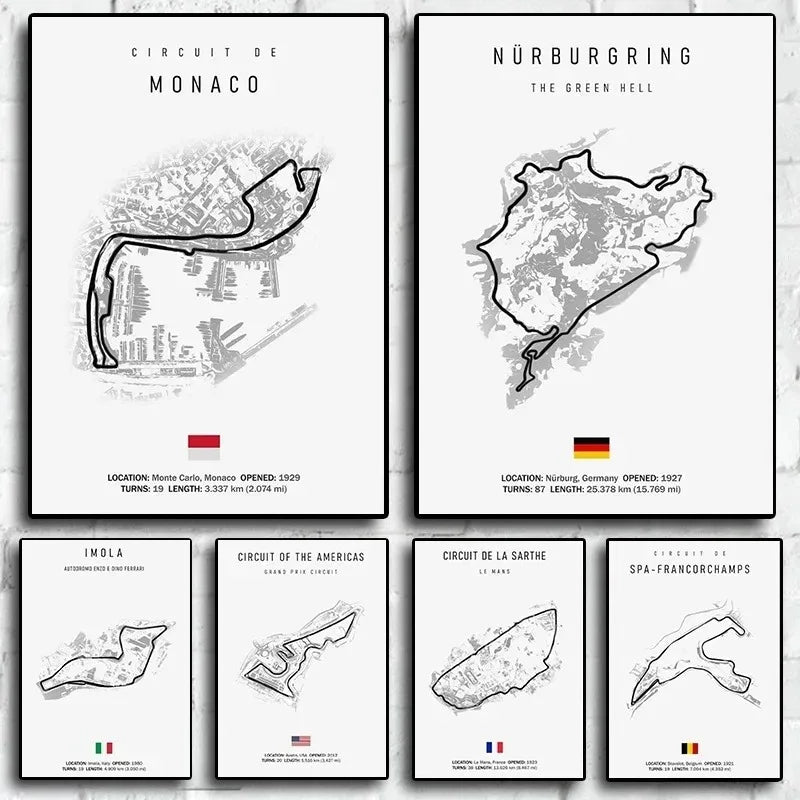 F1 Track Circuit Posters Imola Monaco Formula 1 GP Canvas Painting  Nordic Motorsport Wall Art Picture Room Decor Unframed