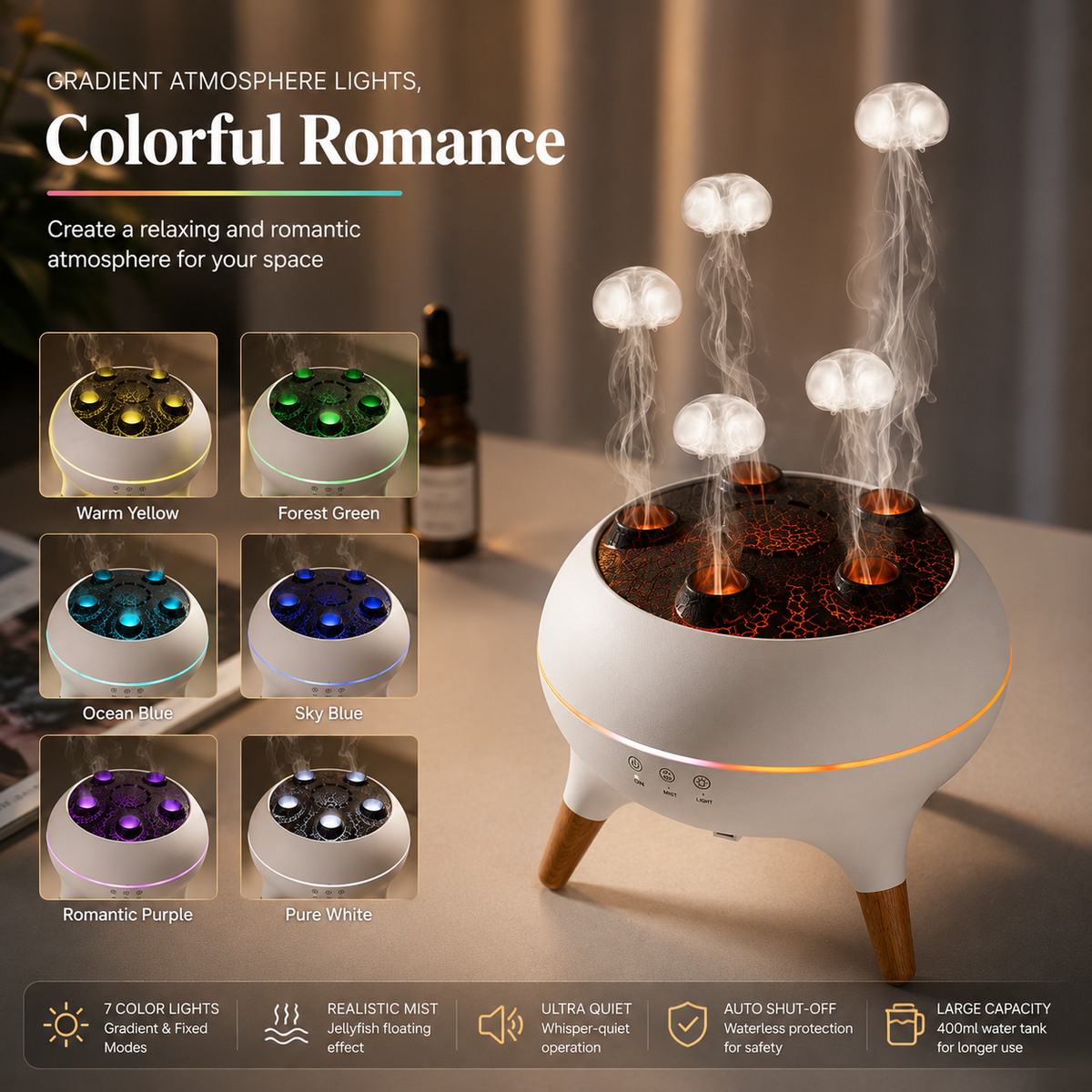 Dynamic Rainbow Jellyfish Essential Oil Fragrance Machine 250ml Essential Oil Diffuser Ultrasonic Porous Atomization Humidifier