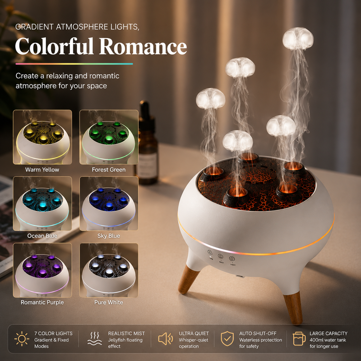 Dynamic Rainbow Jellyfish Essential Oil Fragrance Machine 250ml Essential Oil Diffuser Ultrasonic Porous Atomization Humidifier